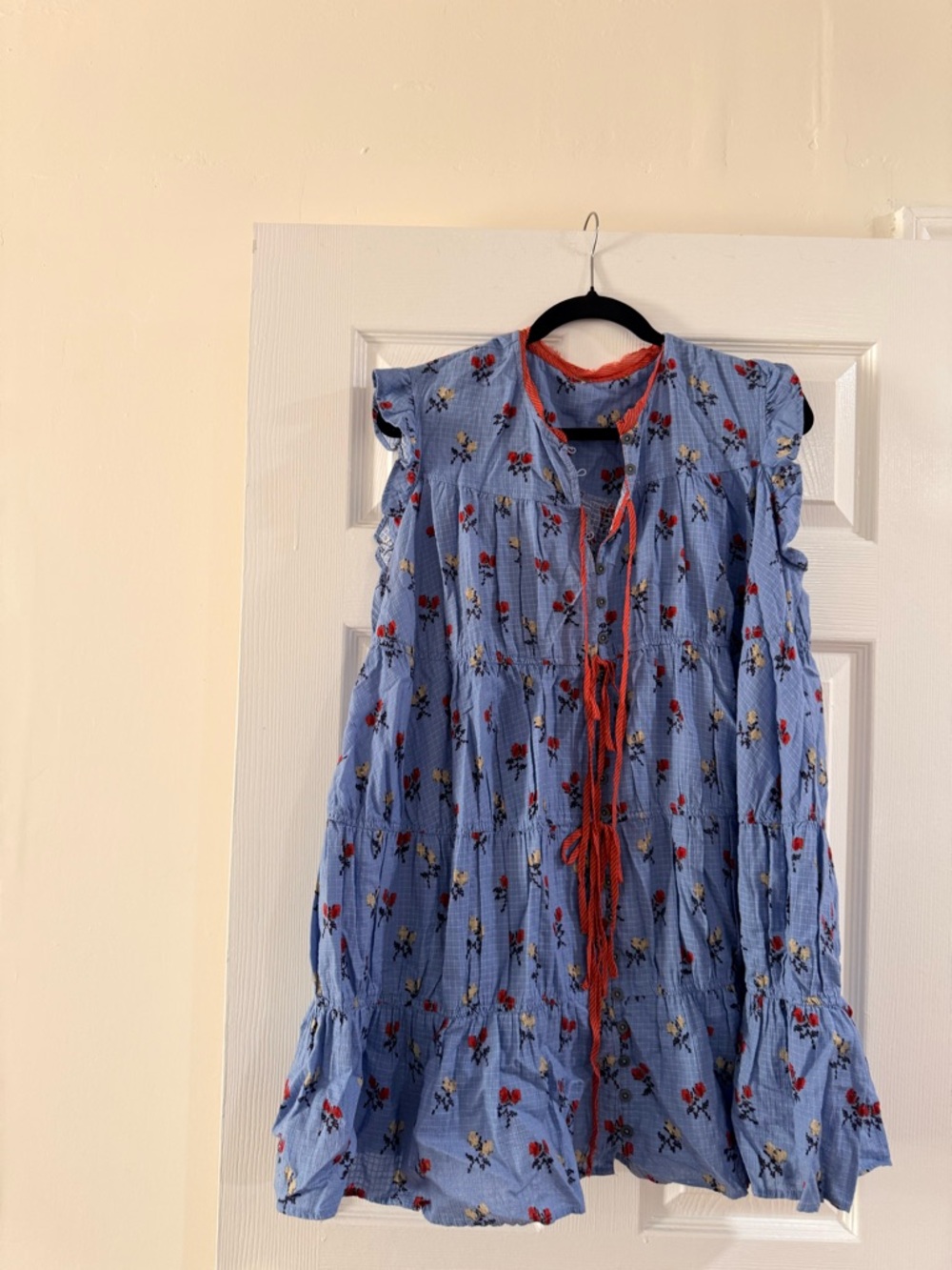 Free People Light Blue Floral Mini Dress with Red Trim